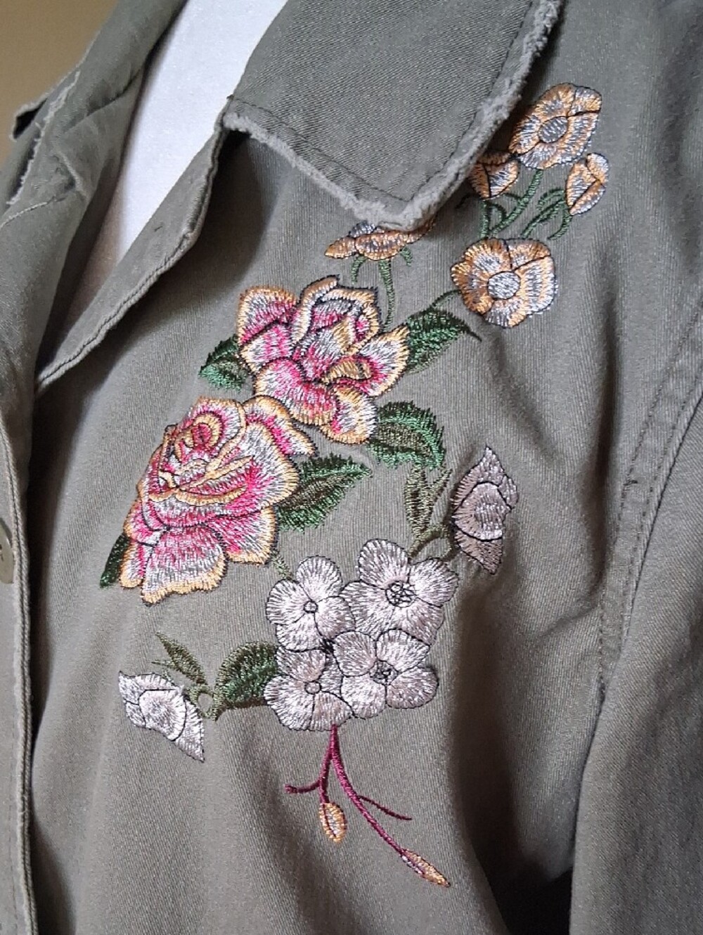 Maurices Olive Green Utility Jacket with Floral Embroidery And ACDC Design - Picture 7 of 16